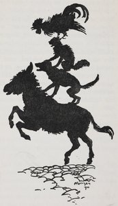Illustrazione dei Musicanti di Brema di un asino, cane, gatto e gallo da Arthur Rackham