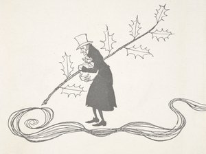 Illustrazione di Scrooge, raffigurato con un ramoscello di agrifoglio, che stringe una borsa di denaro e sembra arrabbiato da Arthur Rackham
