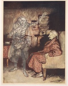 Illustrazione di Scrooge con il Fantasma del Natale Passato da Arthur Rackham