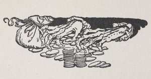 Illustrazione delle mani di Scrooge che contano denaro da Arthur Rackham