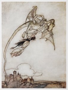 Illustrazione di un drago che rapisce la principessa da I quattro fratelli ingegnosi da Arthur Rackham