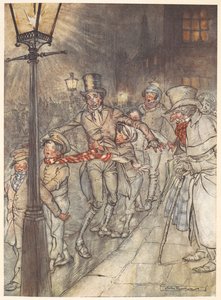 Illustrazione di una scena di strada alla Vigilia di Natale con Bob Cratchit e bambini da Arthur Rackham