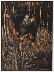 Illustrazione di un giovane vicino a uno stagno da Il Serpente Bianco da Arthur Rackham