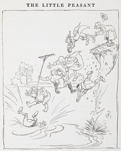 Illustrazione di uomini che saltano da una scogliera in uno stagno da I piccoli contadini da Arthur Rackham