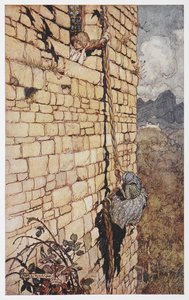 Illustrazione della strega che sale sui capelli di Raperonzolo da Arthur Rackham