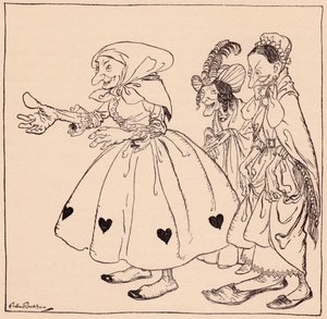 Entrarono le tre donne vestite nel modo più strano. Illustrazione di Arthur Rackham dalla fiaba dei Grimm, Le Tre Filatrici.