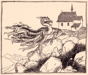 Non passò molto tempo prima che il drago a sette teste arrivasse, ruggendo forte. Illustrazione di Arthur Rackham da Fiaba dei Grimm, I due fratelli.