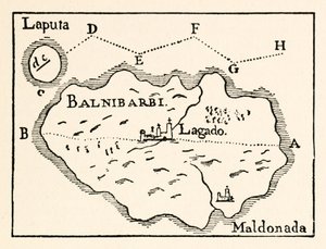 Mappa di Laputa (isola volante in alto a destra) e Balnibarbii (porto principale Maldonada) dalla Parte III: Un viaggio a Laputa, Balnibarbi, Luggnagg, Glubbdubdrib e Giappone nei Viaggi di Gulliver di Jonathan Swift