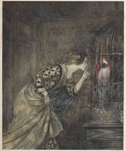 May Colvin e un pappagallo in una gabbia da Arthur Rackham