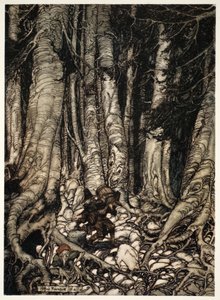 Aiutandosi a vicenda, si arrampicarono su una stretta gola, da Rip Van Winkle di Washington Irving, pub. 1910 da Arthur Rackham