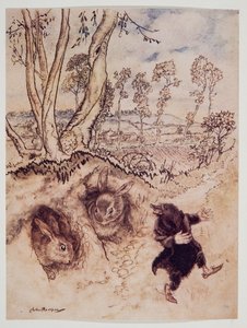 Salsa di cipolle! Salsa di cipolle! osservò beffardamente, e se ne andò prima che potessero pensare a una risposta, da Il vento nei salici di Kenneth Grahame, pub. 1940 da Arthur Rackham