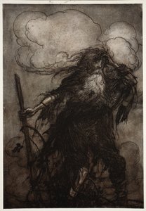 Rip si sveglia. Sicuramente, pensò, non ho dormito qui tutta la notte? Oh! Quel boccale! Quel malvagio boccale! Che scusa darò a Dame Van Winkle? da Rip Van Winkle di Washington Irving, pub. 1910 da Arthur Rackham