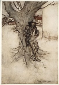 Il figlio di Rip, una copia precisa di se stesso, mentre saliva la montagna., da Rip Van Winkle di Washington Irving, pub. 1910 da Arthur Rackham