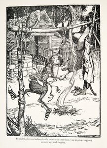 Intorno al fuoco un omino indescrivibilmente ridicolo saltava su una gamba e cantava, da Le fiabe dei fratelli Grimm, pub. 1909