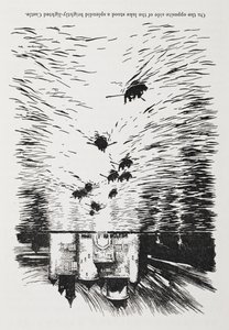 Barche a remi su un fiume che si avvicinano a un castello di notte da Arthur Rackham