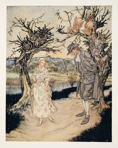 Passeggiando al crepuscolo, da La leggenda di Sleepy Hollow di Washington Irving (1783 - 1859), pub. 1928 da Arthur Rackham