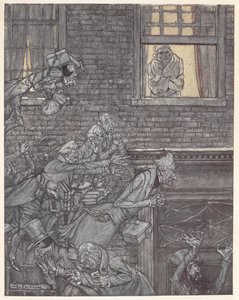 Scrooge alla sua finestra che guarda i fantasmi nella strada sottostante
