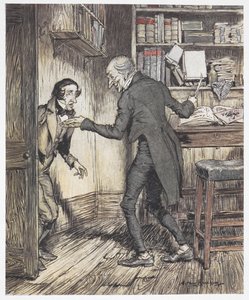 Scrooge che scrive nel suo ufficio mentre un altro uomo entra
