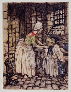 Sistemò lo scialle con una piega professionale e legò i lacci del cappello arrugginito sotto il mento, da Il vento nei salici di Kenneth Grahame, pub. 1940 da Arthur Rackham