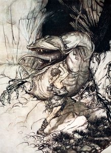 Sigfrido uccide Fafner da Arthur Rackham