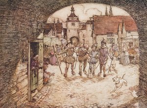Così i quattro fratelli presero i loro bastoni in mano, salutarono il padre e uscirono dalla porta della città, da Le fiabe dei fratelli Grimm, pub. 1909