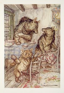 Qualcuno si è seduto sulla mia sedia e ha rotto il fondo! disse il piccolo, piccolo, piccolo orso, da The Arthur Rackham Fairy Book, pub. 1933
