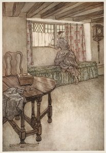 Nomi strani erano sopra le porte - facce strane alle finestre - tutto era strano., da Rip Van Winkle di Washington Irving, pub. 1910 da Arthur Rackham
