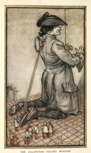 Sarti di Lilliput che misurano Gulliver, illustrazione da I viaggi di Gulliver di Jonathan Swift, di Arthur Rackham da Arthur Rackham