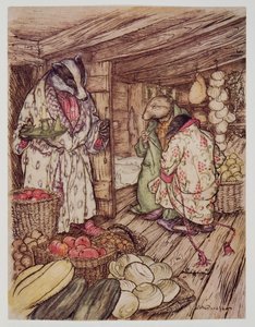 Le scorte invernali del Tasso, che infatti erano visibili ovunque, occupavano metà della stanza, da Il vento nei salici di Kenneth Grahame, pub. 1940 da Arthur Rackham