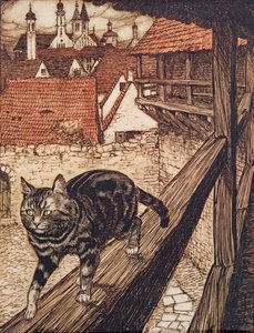 Il gatto si allontanò dietro le mura della città verso la chiesa, da Le fiabe dei fratelli Grimm, pub. 1909 da Arthur Rackham