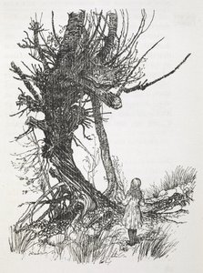 Il Gatto del Cheshire su un albero che guarda Alice