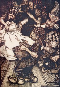 I nani, quando tornarono la sera, trovarono Biancaneve distesa a terra, da Le fiabe dei fratelli Grimm, pub. 1909