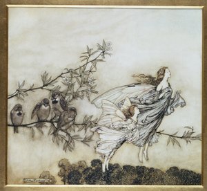 Le fate litigano con gli uccelli, illustrazione del 1906 per Peter Pan nei giardini di Kensington di J.M. Barrie, pub. 1906
