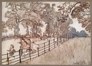 Il dosso che è la parte del Broad Walk dove si corrono tutte le grandi gare, da Peter Pan nei Giardini di Kensington di J M Barrie (1860 - 1937), pub. 1906