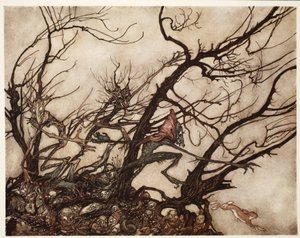 Gli indiani le consideravano la dimora degli spiriti., da Rip Van Winkle di Washington Irving, pub. 1910 da Arthur Rackham