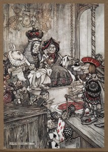 Il Fante di Cuori nel banco degli imputati davanti alla Regina e al Re di Cuori accusato di aver rubato le crostate da Arthur Rackham