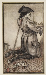 I sarti lillipuziani misurano Gulliver per un nuovo vestito, da I viaggi di Gulliver di Jonathan Swift da Arthur Rackham