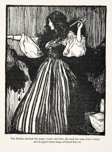 La fanciulla prese la bacchetta magica, poi prese la testa della sua sorellastra e fece cadere tre gocce di sangue, da Le fiabe dei fratelli Grimm, pub. 1909
