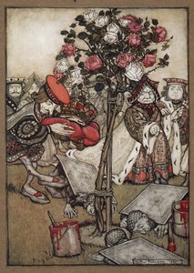 La Regina, il Re e il Fante di Cuori che passano gli uomini vestiti da carte dipingendo il cespuglio di rose di rosso da Arthur Rackham