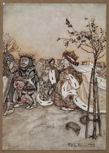 La Regina di Cuori che urla arrabbiata dopo la partita di croquet da Arthur Rackham