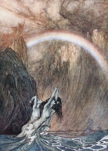 Le figlie del Reno piangono il loro oro perduto. Illustrazione per L