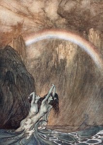 I bei figli del Reno, piangendo il loro oro perduto, piangono, 1910 da Arthur Rackham