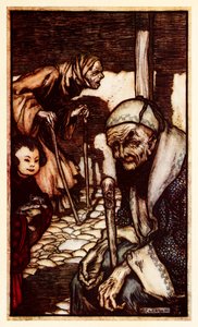 Gli Struldbrugs, immortali sfortunati senza eterna giovinezza, sono dichiarati dalla Parte III: Un viaggio a Laputa, Balnibarbi, Luggnagg, Glubbdubdrib e Giappone nei Viaggi di Gulliver di Jonathan Swift da Arthur Rackham