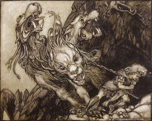 La dodicesima fatica di Ercole, illustrazione da The Greek Heroes di B.G. Niebuhr, 1903 da Arthur Rackham