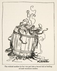 La cattiva suocera fu messa in una botte piena di olio bollente e serpenti velenosi, da Fratellino e Sorellina e altre fiabe dei Fratelli Grimm, pub.1917 da Arthur Rackham