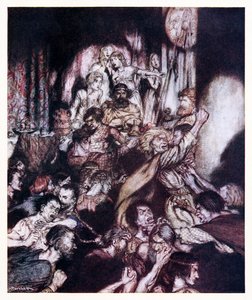 La sala del banchetto era in tumulto. da La piccola rissa in Fiabe irlandesi da Arthur Rackham