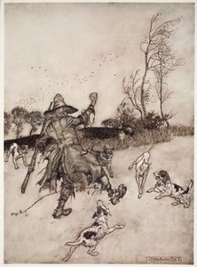 Anche i cani, nessuno dei quali riconosceva come un vecchio conoscente, abbaiavano mentre passava, da Rip Van Winkle di Washington Irving, pub. 1910