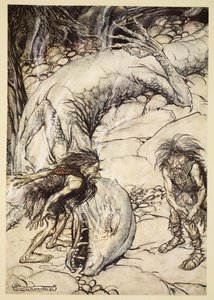 I nani che litigano sul corpo di Fafner, illustrazione da 