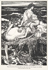 Trovarono la principessa ancora sulla roccia, ma il drago dormiva con la testa sul suo grembo, da Le fiabe dei fratelli Grimm, pub. 1909 da Arthur Rackham