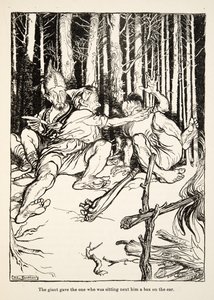 Il gigante diede uno schiaffo a chi gli stava accanto, da Fratellino e Sorellina e altre fiabe dei Fratelli Grimm, pub.1917 (litografia) da Arthur Rackham